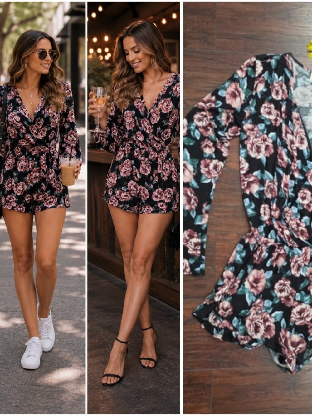 Vintage Havana Black Floral V-Neck Long Sleeve Romper with Pink Blooms